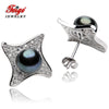 Star shape 925 Sterling Silver Stud Earrings For Women's 7-8mm Black Natural Pearls Trendy Style Pearl Jewelry