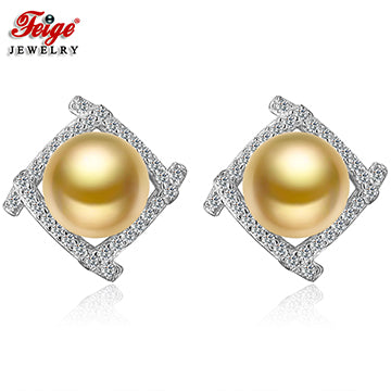 Stud Earrings 8-9MM Golden Pearls High Quality Silver 925 Earrings Fine Jewelry Zirconia Brincos for Women