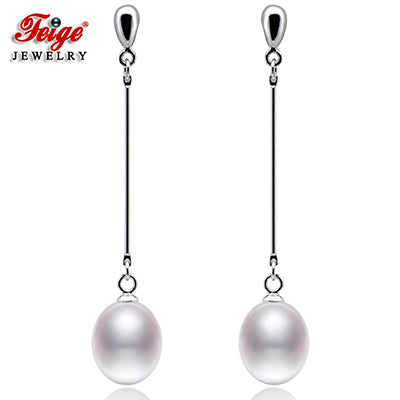 Trendy Style 100% 925 Sterling Silver Long Pearl Earrings 8-9mm Drop-shaped Natural Pearl Women's Fine Jewelry