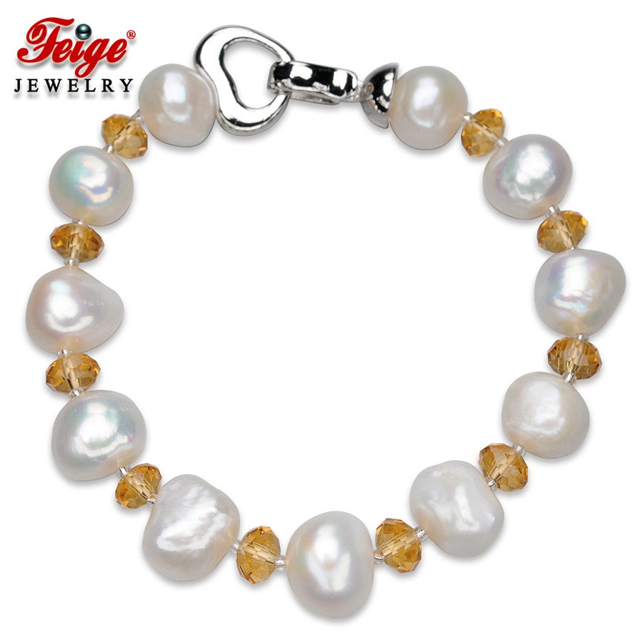 Trendy style 10-11MM White Natural Pearl Jewelry Bead Bracelet For Women Yellow Crystal Pulsera De Las Mujeres