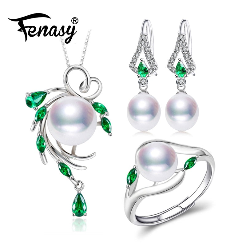 925 Sterling Silver jewelry sets for women,Emerald drop earrings,natural pearl pendants&necklaces engagement ring set