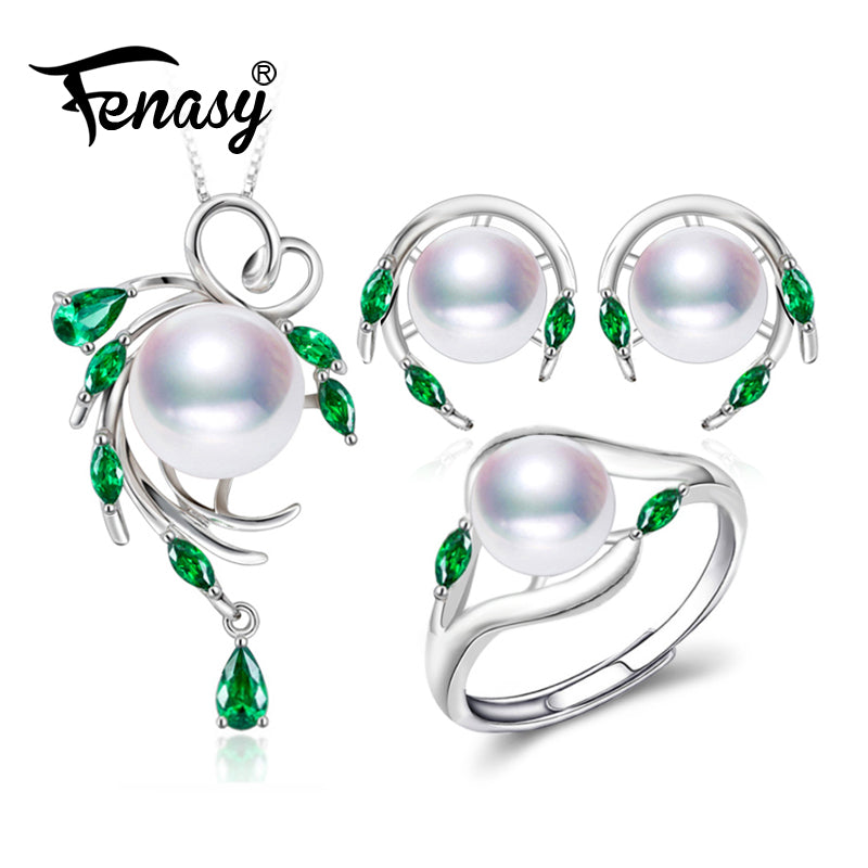 925 Sterling Silver natural pearl jewelry sets for women,Emerald stud earrings,pendant necklace engagement ring set
