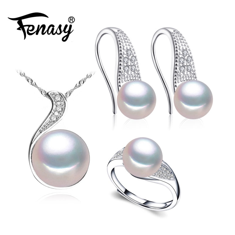 925 Sterling Silver natural pearl jewelry sets for women,stud earrings,bohemian pendant necklace engagement ring set