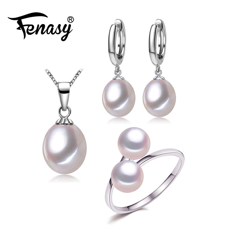 925 Sterling Silver necklace Natural Pearl Jewelry sets pearl necklace ring hoop earrings for women party gift