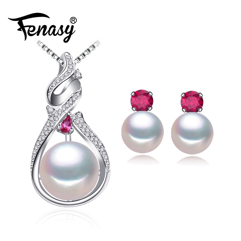 925 Sterling Silver pearl jewelry sets for women,natural stud earrings vintage pendant necklace engagement ruby set