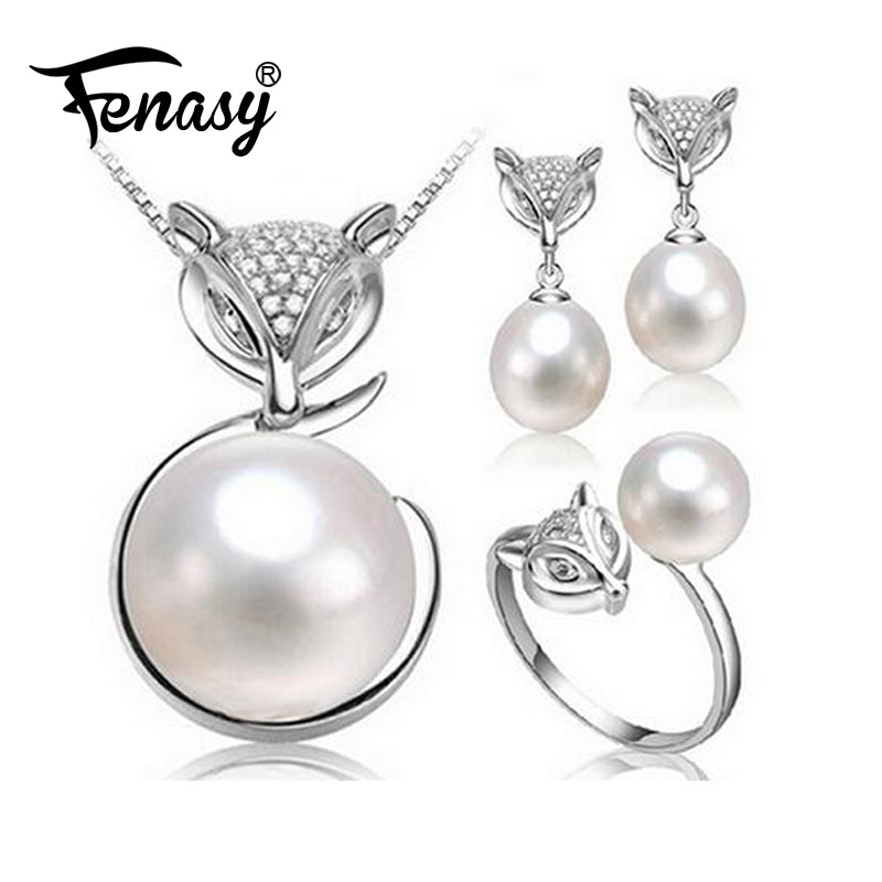 Pearl Jewelry ,Black White fox Jewelry Sets for Women,trendy fashion fox necklace and earrings gift box
