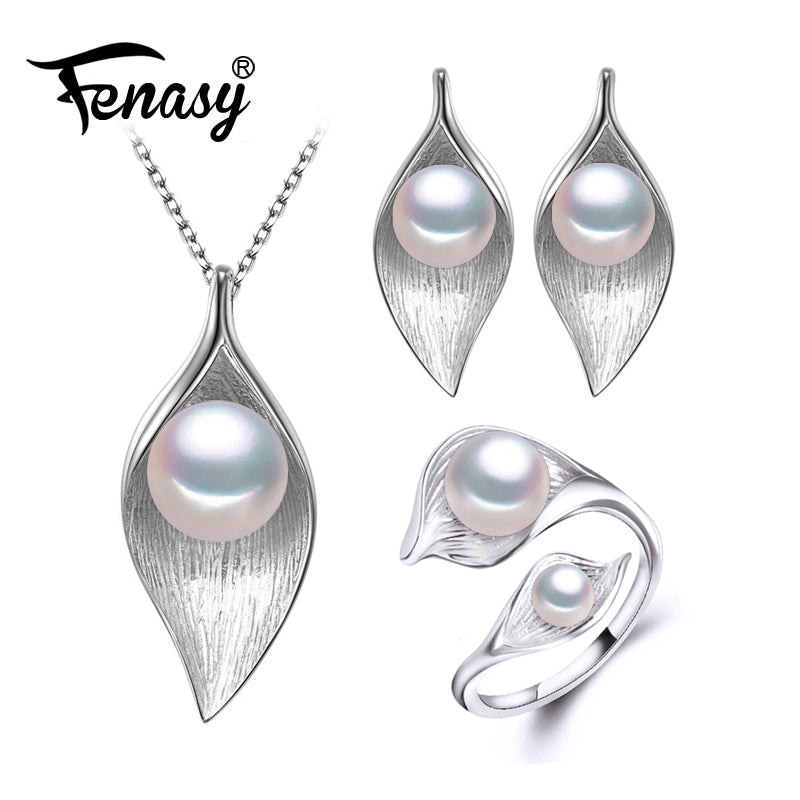 Natural Pearl Jewelry Sets 925 Sterling Silver pendant Necklace for women leaf Pearl Earrings and wedding party rings