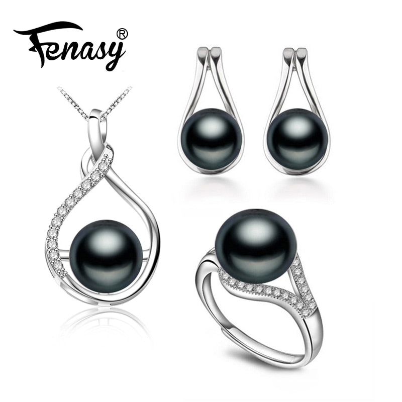 Pearl Jewelry Sets 925 Sterling Silver ring set natural pearl pendant necklace with stud earrings necklaces & pendants