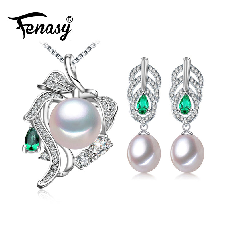 Pearl Jewelry Sets,Pearl Pendant Necklace Earrings For Women,Ethnic 925 sterling silver Emerald leaf big earrings set