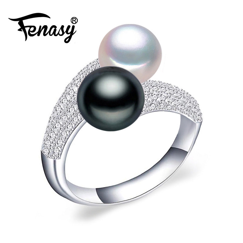 Pearl Jewelry,double Pearl rings,black white Pearl rings,925 Silver rings for women punk silver 925 original