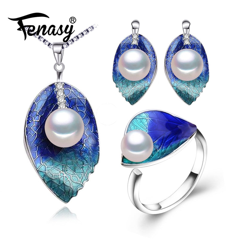 Pearl Jewelry sets 925 Sterling Silver stud earrings,natural Pearl leaf necklace for women love Cloisonne earrings ring