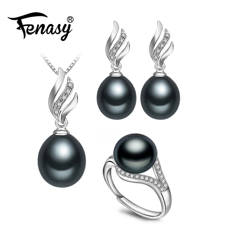 geometric pearl jewelry sets natural pearl earrings and 925 sterling silver pendant necklace for women fashion cute ring