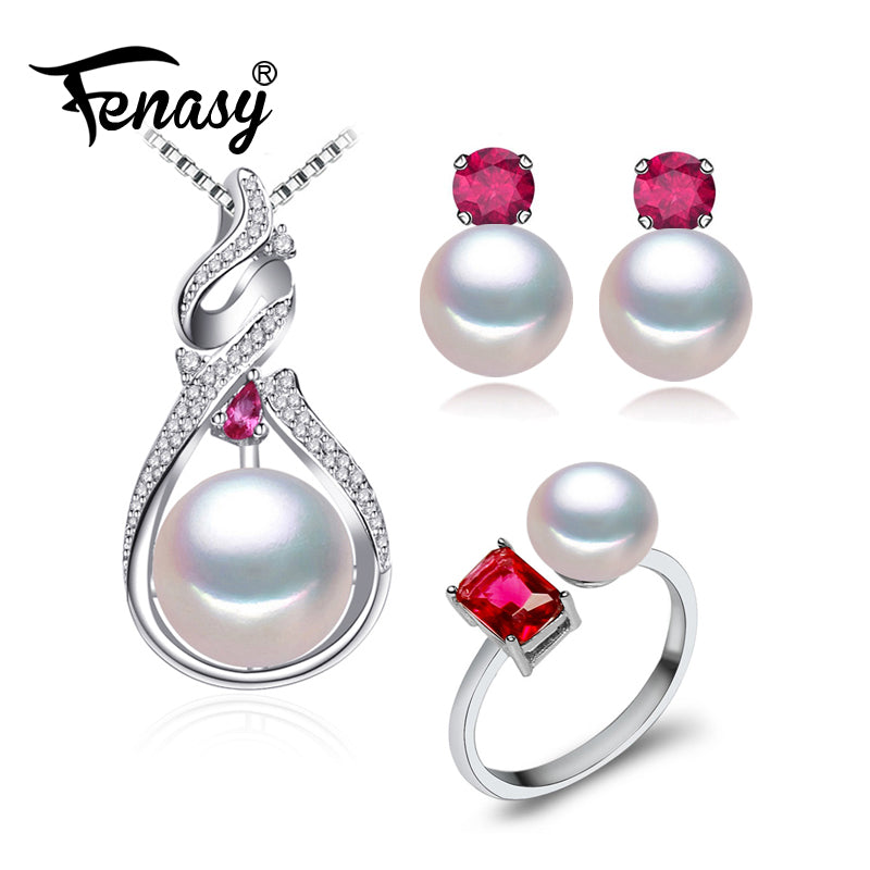 pearl jewelry fashion engagement jewelry sets Natural Pearl pendant Red stone ruby Necklace women/stud Earrings cute ring