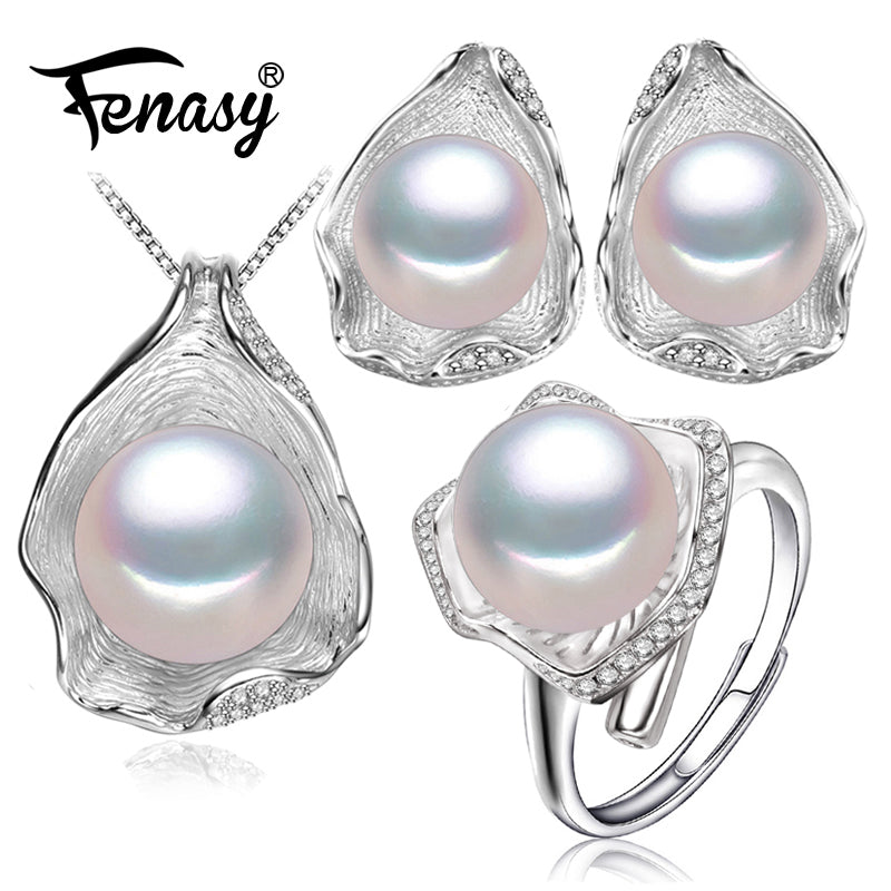s925 Sterling silver Pearl Jewelry Sets for Women party Pearl Necklace/Earring/Rings Shell design Jewelry Set
