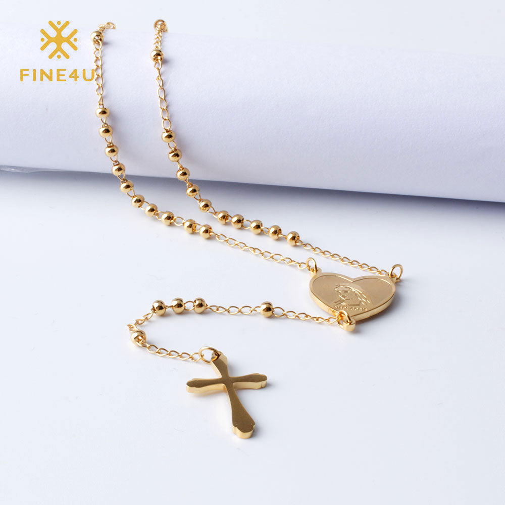 FINE4U N108 Jesus Christ Crucifix Necklace For Women 316L Stainless Steel Long Rosary Beads Necklace Virgin Mary Heart Necklaces