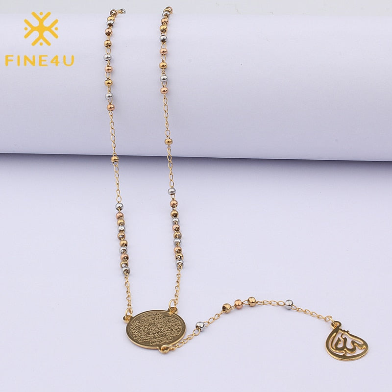 FINE4U N298 Muslim Arabic Printed Pendant Necklace Stainless Steel Long Chain Necklaces Mixed Color Beads Rosary Jewelry