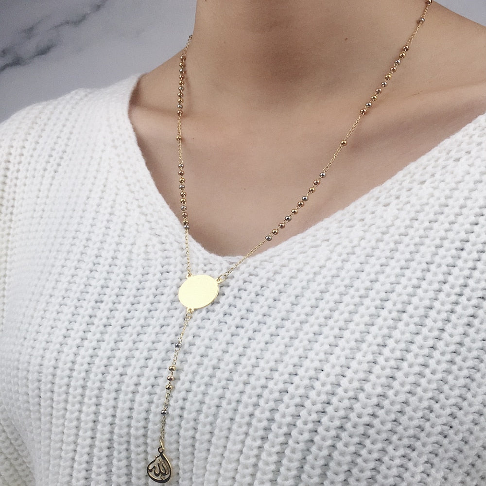 FINE4U N298 Muslim Arabic Printed Pendant Necklace Stainless Steel Long Chain Necklaces Mixed Color Beads Rosary Jewelry