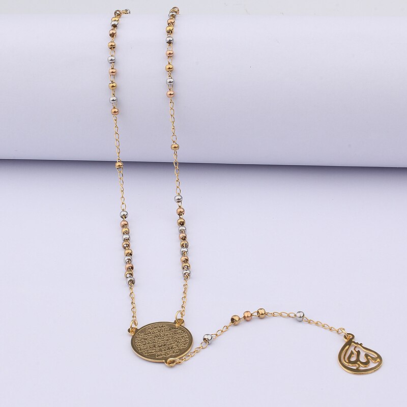 FINE4U N298 Muslim Arabic Printed Pendant Necklace Stainless Steel Long Chain Necklaces Mixed Color Beads Rosary Jewelry