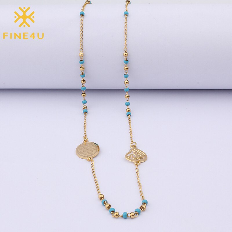 FINE4U N299 Muslim Arabic Printed Pendant Necklace Stainless Steel Mixed Color Rosary Beads Necklace Long Chains Jewelry