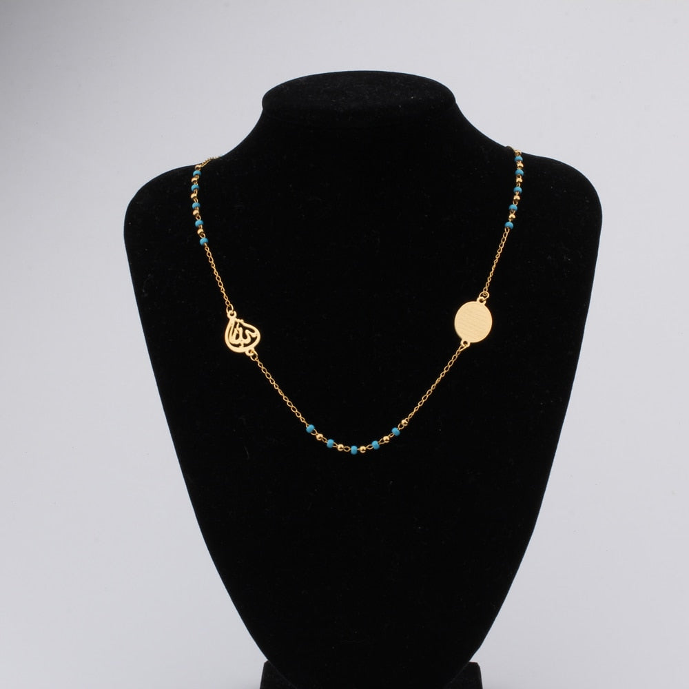FINE4U N299 Muslim Arabic Printed Pendant Necklace Stainless Steel Mixed Color Rosary Beads Necklace Long Chains Jewelry
