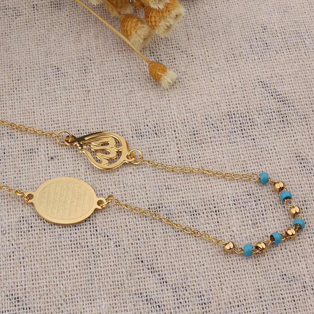 FINE4U N299 Muslim Arabic Printed Pendant Necklace Stainless Steel Mixed Color Rosary Beads Necklace Long Chains Jewelry