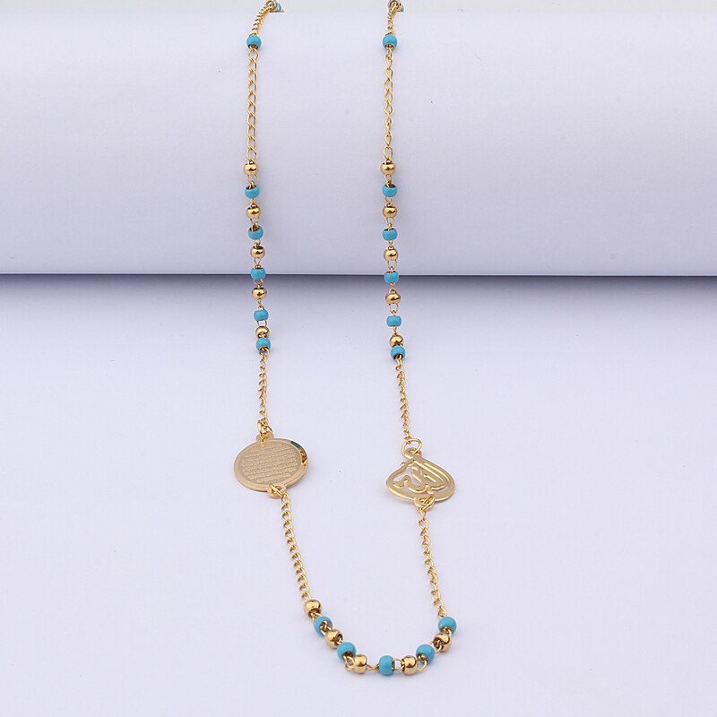 FINE4U N299 Muslim Arabic Printed Pendant Necklace Stainless Steel Mixed Color Rosary Beads Necklace Long Chains Jewelry