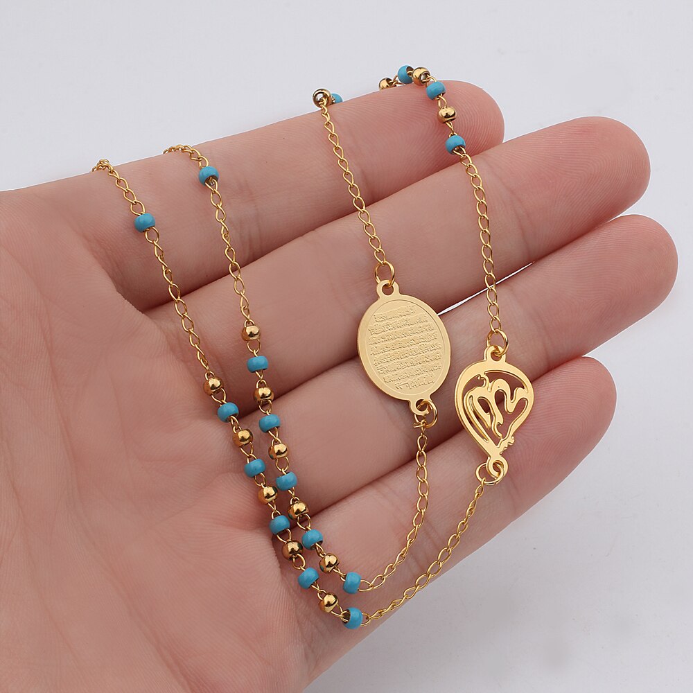 FINE4U N299 Muslim Arabic Printed Pendant Necklace Stainless Steel Mixed Color Rosary Beads Necklace Long Chains Jewelry
