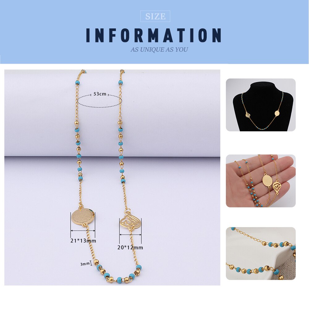 FINE4U N299 Muslim Arabic Printed Pendant Necklace Stainless Steel Mixed Color Rosary Beads Necklace Long Chains Jewelry