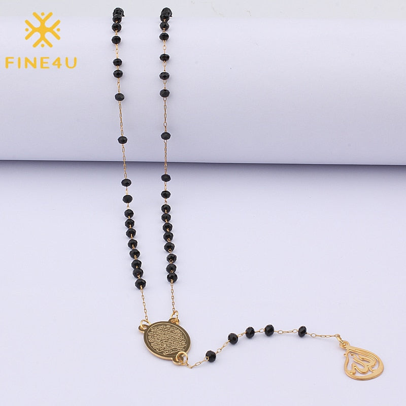 FINE4U N301 Stainless Steel Muslim Arabic Pendant Necklace Glass Faceted Beads Necklace Crucifix Men Women Rosary Jewelry