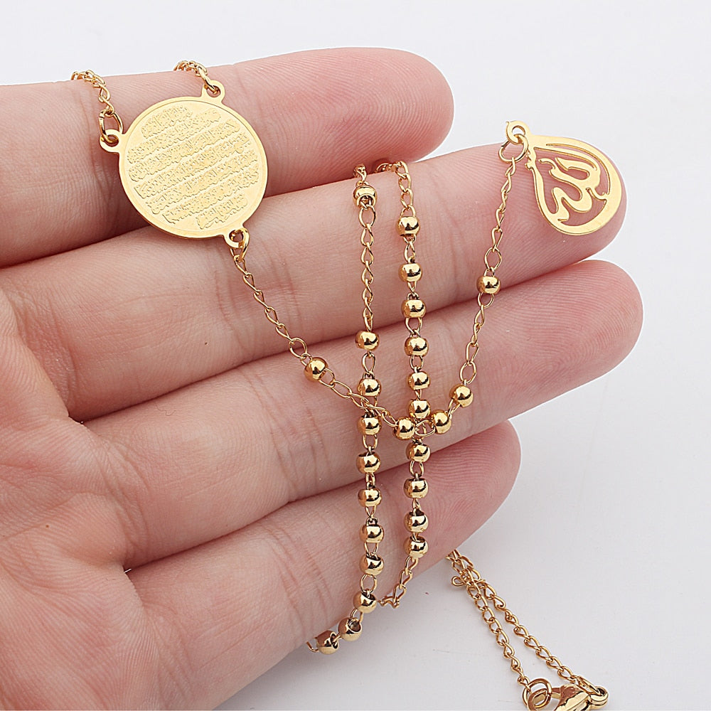 FINE4U N418 Stainless Steel Muslim Arabic Printed Pendant Necklace Gold Color 3mm Beads Necklace Koran Rosary Jewelry For Women
