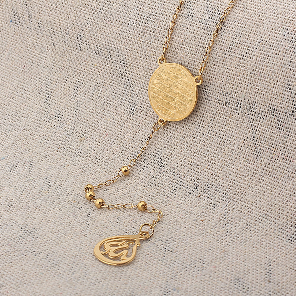 FINE4U N418 Stainless Steel Muslim Arabic Printed Pendant Necklace Gold Color 3mm Beads Necklace Koran Rosary Jewelry For Women