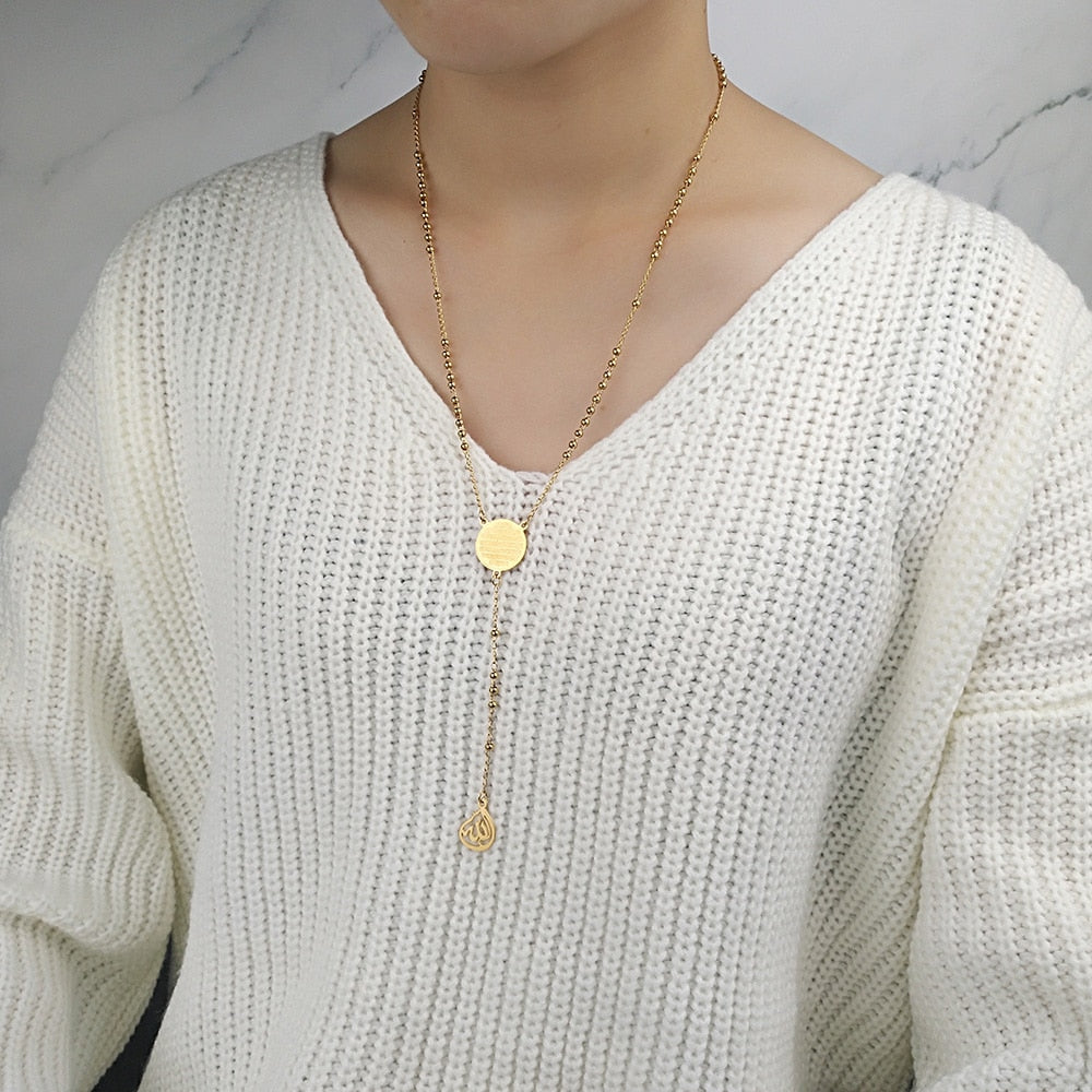 FINE4U N418 Stainless Steel Muslim Arabic Printed Pendant Necklace Gold Color 3mm Beads Necklace Koran Rosary Jewelry For Women