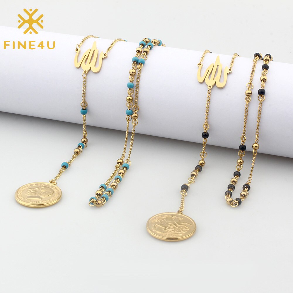 FINE4U N627 Great Britain George V Medal Pendant Necklace Stainless Steel 4mm Bead Rosary Necklace Islamic Muslims Allah Jewelry