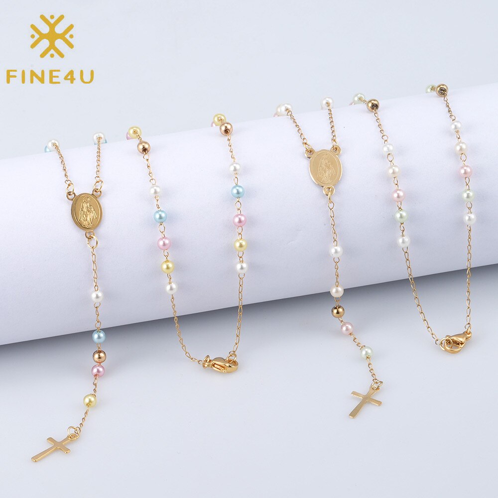 FINE4U N922 Delicate Simulated Pearl Beaded Chain Cross Virgin Mary Rosary V Necklace for Women Teen Girls 20 Inch