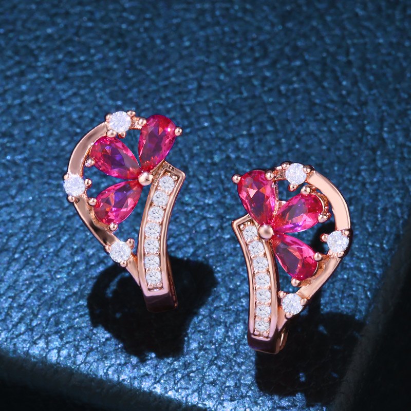 2020 Fashion 585 Rose Gold Stud Earrings with Stone Pink Red Cubic Zirconia Leaf Earrings 585 Gold Wedding Jewelry ersm95