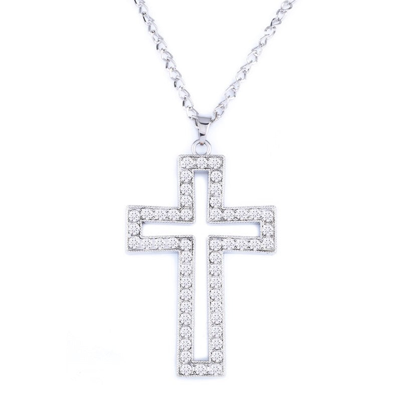 hop Silver big cross pendant long chain necklaces pendants with rhinestones for women Trendy Fashion Jewelry nkef14