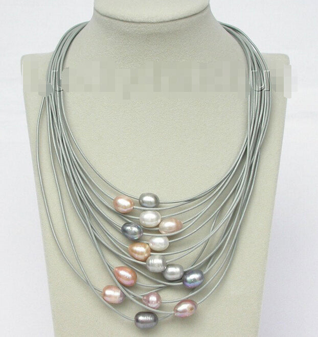 FREE SHIPPING>@@> 17-24 15row 14mm purple Gr pink white pearls leather necklace j8795^^^@^Noble style Natural Fine jewe &