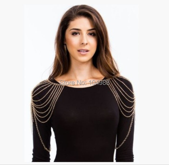 STYLE B314 WOMEN GOLD COLOUR DOUBLE SHOULDERS CHAIN CHAINS JEWELRY 2 COLORS Body Chains Jewelry