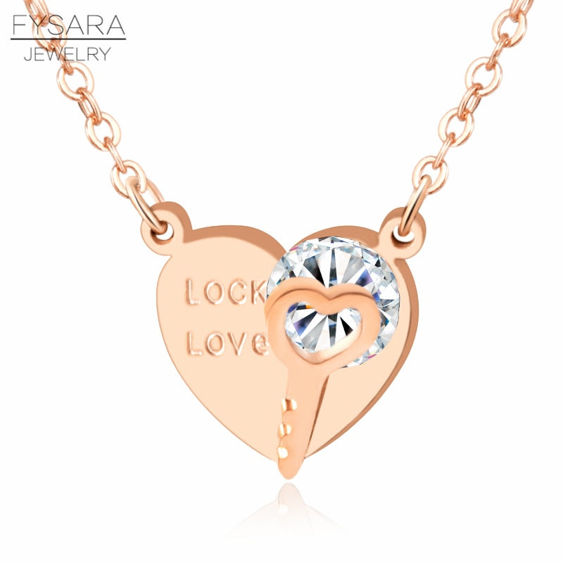 FYSARA Lock Love Key Heart Necklace For Women Stainless Steel  Crystals Chain Choker Necklaces Boho Rose Gold Color Jewelry