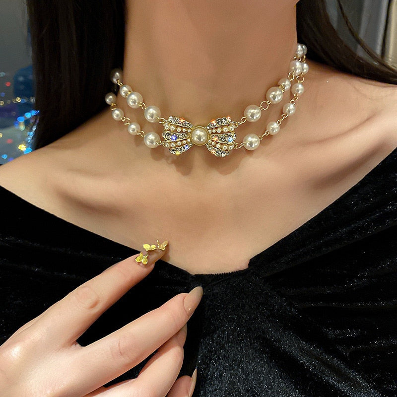 FYUAN Golden Bowknot Rhinestone Choker Necklaces for Women Pearl Necklaces Weddings Bride Jewelry
