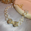 FYUAN Golden Bowknot Rhinestone Choker Necklaces for Women Pearl Necklaces Weddings Bride Jewelry