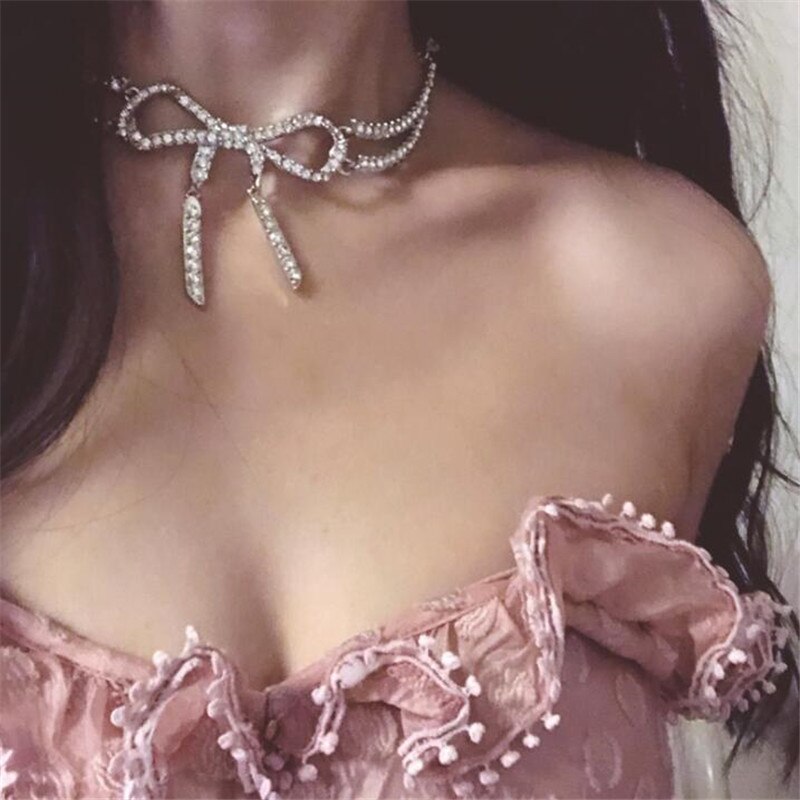 FYUAN Hollow Bowknot Crystal Choker Necklaces for Women Shine Rhinestone Necklaces Statements Jewelry Party Gifts