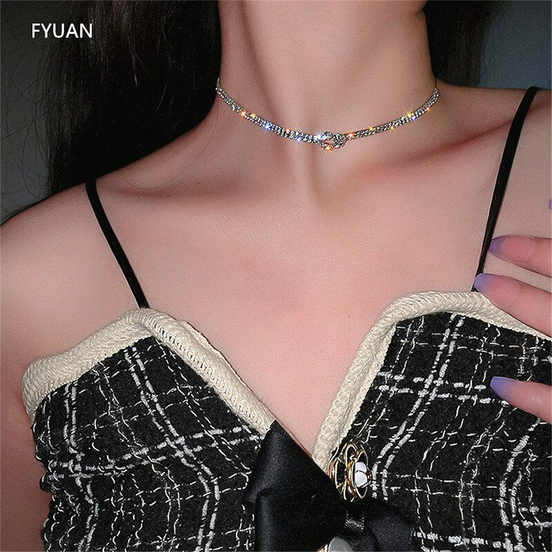 FYUAN Simple Full Rhinestone Choker Necklaces for Women Geometric Knot Clavicle Chain Necklaces Statement Jewelry