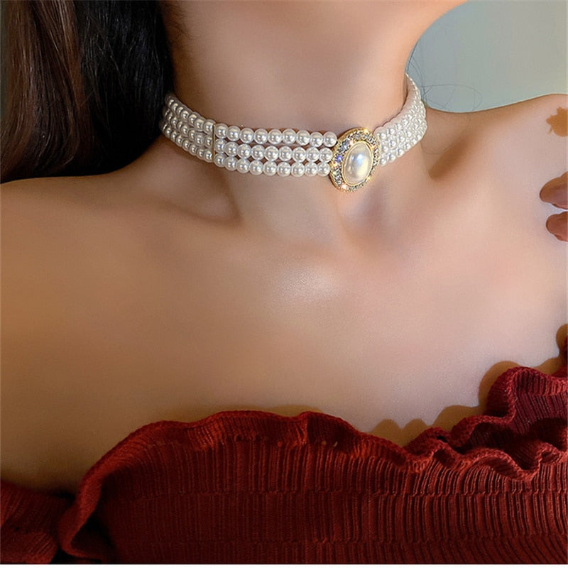 FYUAN Vintage Palace Multilayer Pearl Choker Necklaces for Women Short Geometric Crystal Necklaces Weddings Bride Jewelry