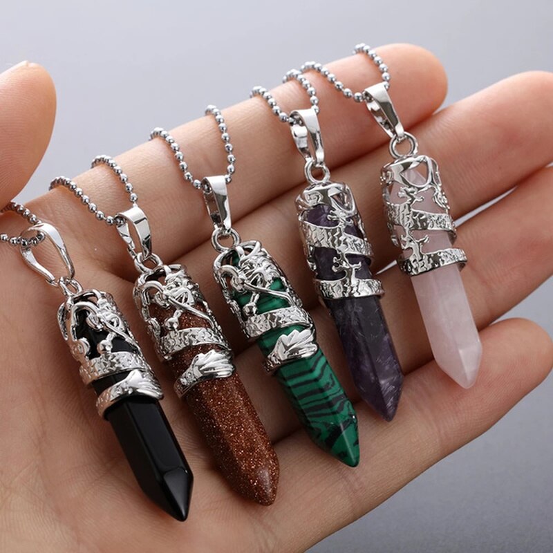 Faashion Dragon Necklace Quartz Necklaces Natural Crystal Stone Hexagonal Prism Hexagon Pendant Hanging Jewelry for Women Men