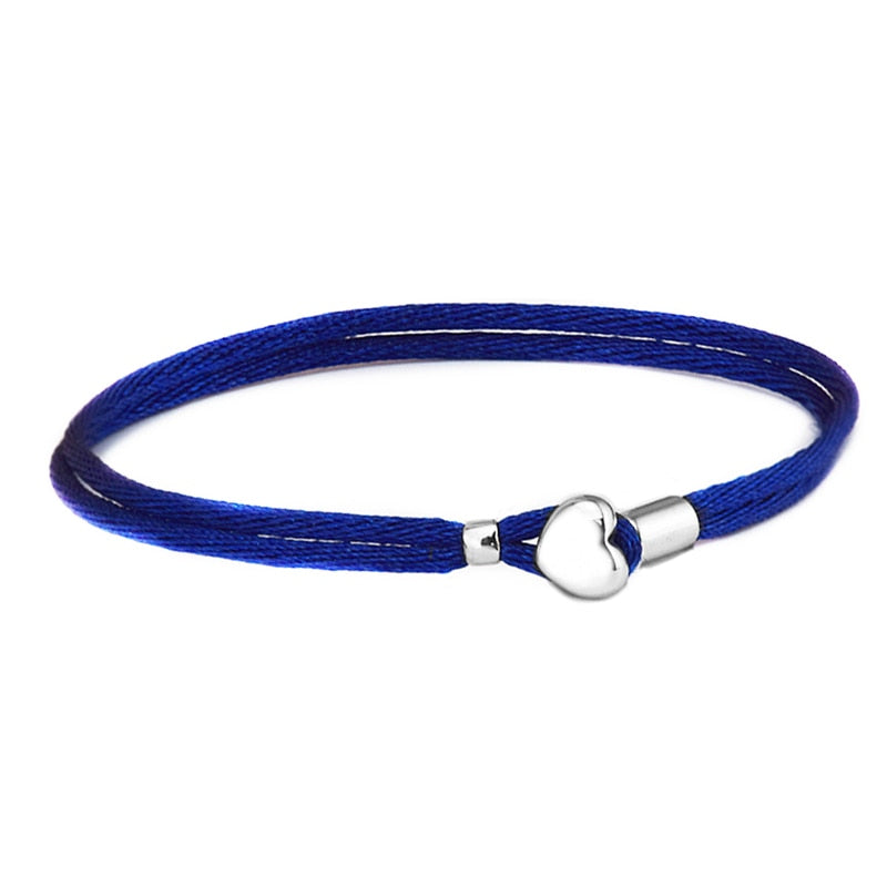 Fabric Cord Heart Bracelet Authentic 925 Sterling Silver Dark Blue Charm Bracelets for Women Fine Jewelry New