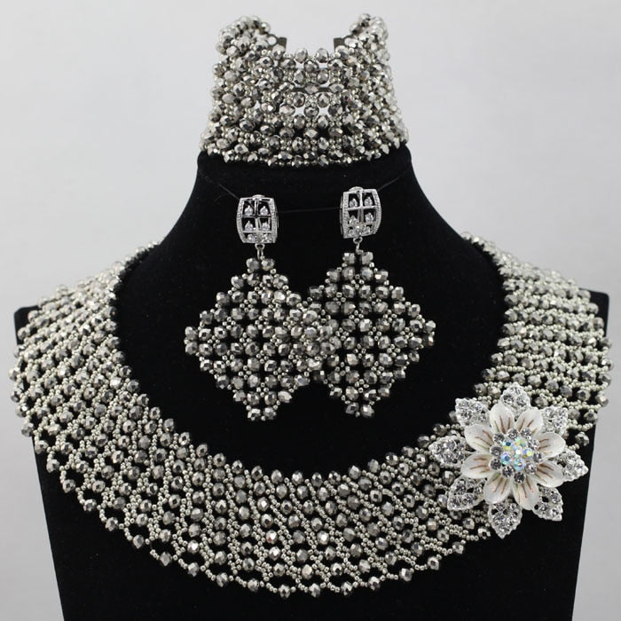 Fabulous Metallic Silver Chunky Costume African Jewelry Sets Crystal Beads Nigerian Bridesmaid Jewelry Set   WD192