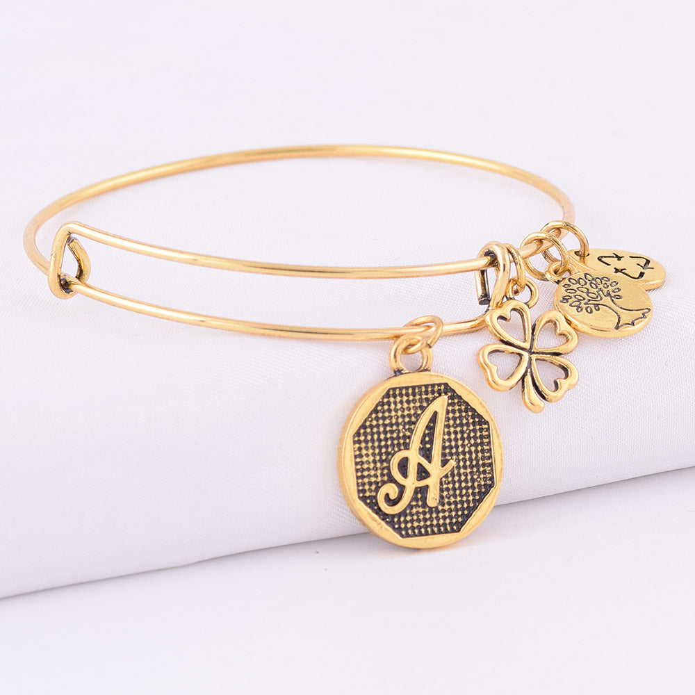 Factory Expandable Bracelet ANCIENT GOLD A-Z Initial Letter Charm Bracelet Adjustable Wire Wrap Cuff Bangle