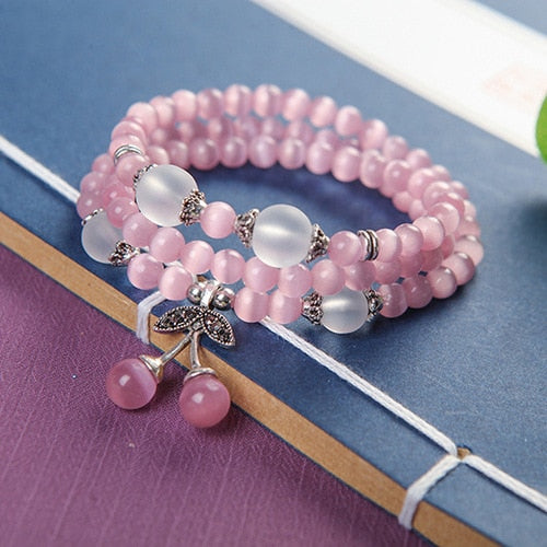 Factory Sale Opals Cat's Eye Stone Handmade Beaded Bracelets Buddha Prayer Beads Jewelry with Necklace Pendant Pinky Color