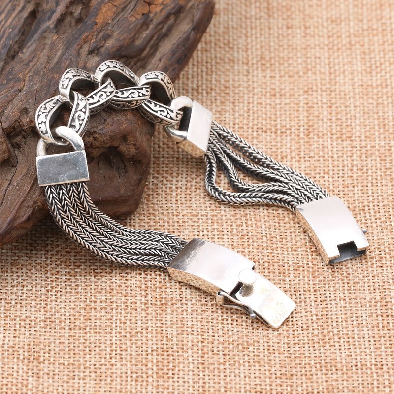 Factory Wholesale S925 Sterling Silver Jewelry Personality Retro Boy Thai Silver Hand Weaving Peaceful Pattern Popular Bracelet